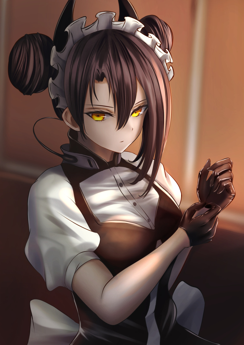 1girl 6256256 absurdres adjusting_clothes adjusting_gloves agent_(girls'_frontline) black_gloves black_hair breasts closed_mouth double_bun dress expressionless girls_frontline gloves hair_between_eyes hair_bun highres horns indoors large_breasts long_hair looking_at_viewer maid maid_headdress puffy_short_sleeves puffy_sleeves sangvis_ferri shirt short_sleeves solo upper_body white_shirt yellow_eyes