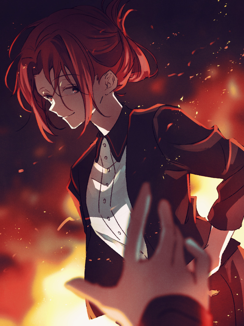 1girl 1other black_background black_jacket black_shirt blurry blurry_background blurry_foreground brown_eyes brown_skirt closed_mouth commentary_request dutch_angle fiery_background fire flame folded_ponytail gradient_background hair_behind_ear hand_on_own_hip highres jacket kagerou_project kido_rin long_sleeves looking_away looking_to_the_side mokemoke_chan multicolored_background open_clothes open_jacket orange_background out_of_frame parted_hair reaching red_background red_stripes redhead shirt sidelocks single_stripe skirt sleeves_past_elbows smile solo_focus sparks two-tone_shirt upper_body white_background white_shirt yellow_background