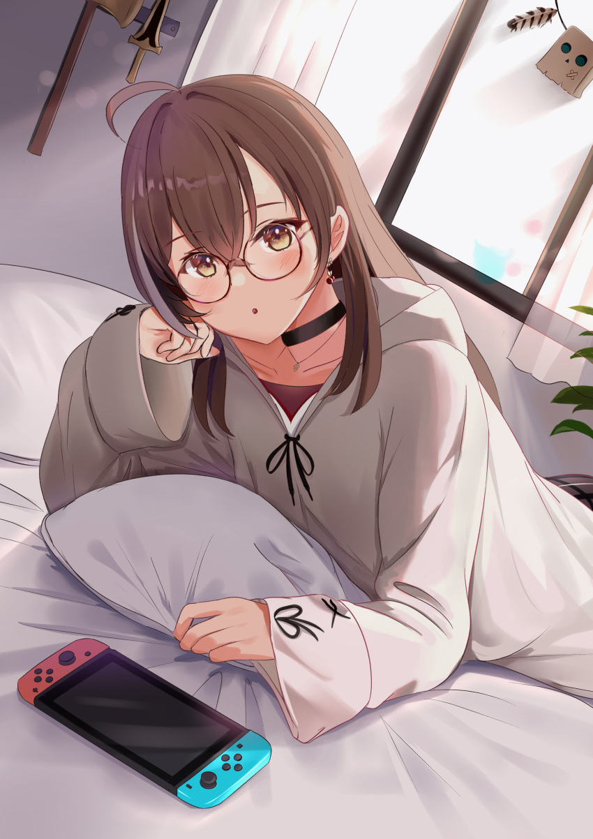 1girl absurdres ahoge axe bed brown_eyes brown_hair casual choker dagger earrings friend_(nanashi_mumei) glasses head_rest highres hololive hololive_english hood hoodie jewelry karu_(karusenpai) knife long_hair looking_at_viewer lying nanashi_mumei nintendo_switch official_alternate_costume on_bed on_stomach parted_lips pillow solo sweater virtual_youtuber weapon