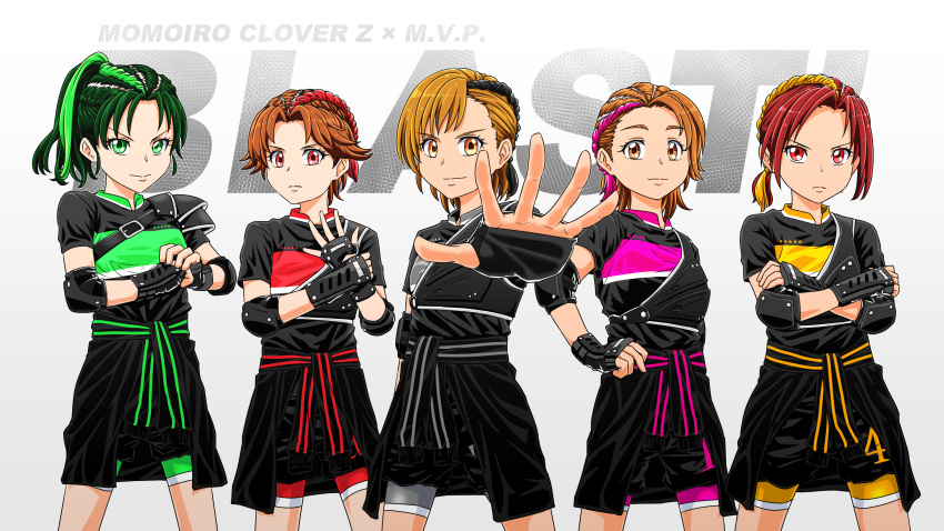 5girls absurdres alternate_costume alternate_hairstyle asymmetrical_bangs bike_shorts bike_shorts_under_shorts black_gloves black_shirt black_shorts braid brown_eyes brown_hair closed_mouth clothes_around_waist commentary crossed_arms elbow_pads fingerless_gloves fist_in_hand foreshortening frown futari_wa_precure futari_wa_precure_splash_star gloves green_eyes green_hair green_shorts grey_shorts hand_on_own_arm hand_on_own_hip highres hino_akane_(smile_precure!) hyuuga_saki idol looking_at_viewer medium_hair midorikawa_nao misumi_nagisa momoiro_clover_z multicolored_hair multiple_girls natsuki_rin orange_eyes orange_hair parted_bangs pink_shorts ponytail precure red_eyes red_shorts redhead satou_yasu series_connection shirt short_hair short_ponytail short_sleeves shorts smile smile_precure! standing text_background two-tone_hair yellow_shorts yes!_precure_5