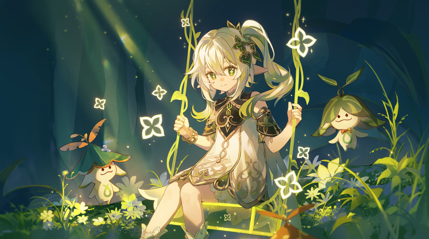 1girl 2others aranara_(genshin_impact) bloomers bracelet cape cross-shaped_pupils detached_sleeves dress flower genshin_impact gradient_hair green_cape green_eyes green_sleeves hair_between_eyes hair_ornament highres jewelry leaf_hair_ornament long_hair looking_at_viewer multicolored_hair multiple_others nahida_(genshin_impact) plant pointy_ears sevallasd side_ponytail sidelocks smile symbol-shaped_pupils underwear white_bloomers white_dress white_hair