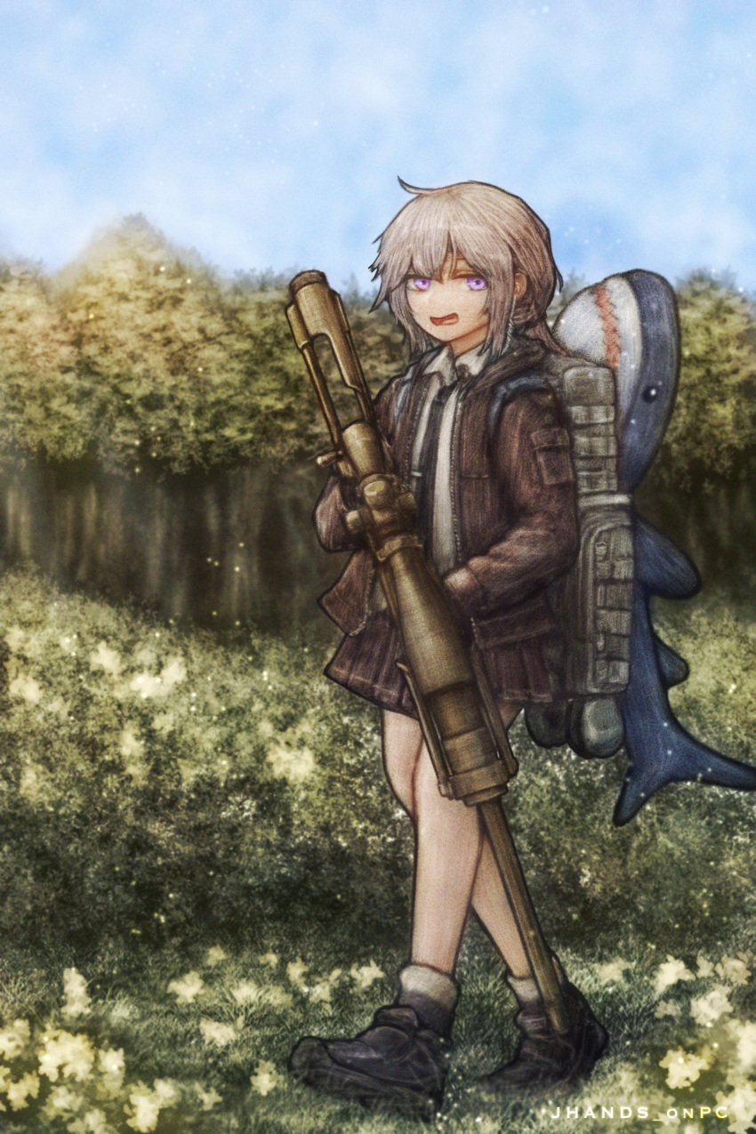 1girl absurdres artist_name black_footwear black_necktie blue_sky bolt_action brown_jacket brown_skirt cheytac_m200 clouds cloudy_sky collared_shirt day girls_frontline grey_hair gun highres holding holding_gun holding_weapon jacket jhands_onpc long_hair looking_at_viewer m200_(girls'_frontline) name_connection necktie object_namesake open_clothes open_jacket open_mouth outdoors pleated_skirt rifle scope shirt shoes skirt sky sniper_rifle socks solo stuffed_animal stuffed_shark stuffed_toy violet_eyes weapon white_shirt white_socks