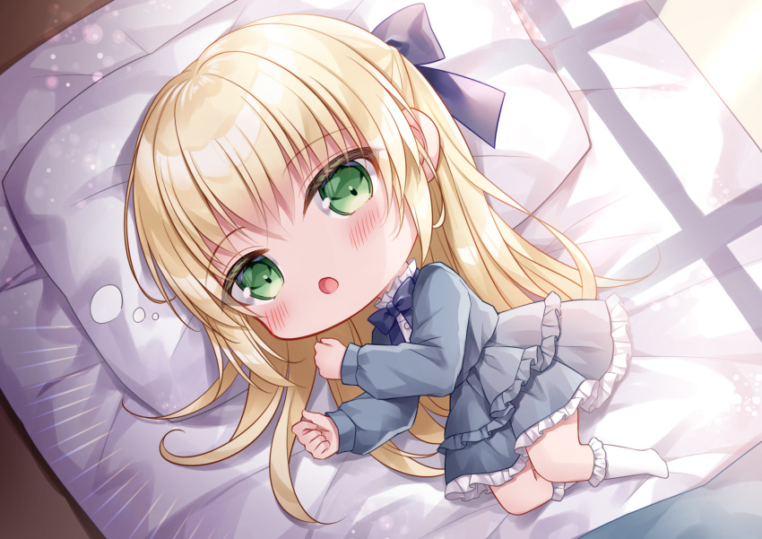 1girl :o blonde_hair blue_bow blue_dress blush bow chibi commission dress frilled_dress frilled_socks frills full_body futon green_eyes hair_bow hands_up highres kohinata_hoshimi layered_dress long_hair long_sleeves looking_at_viewer lying no_shoes on_bed on_side open_mouth original pillow puffy_long_sleeves puffy_sleeves skeb_commission socks solo very_long_hair waking_up white_socks
