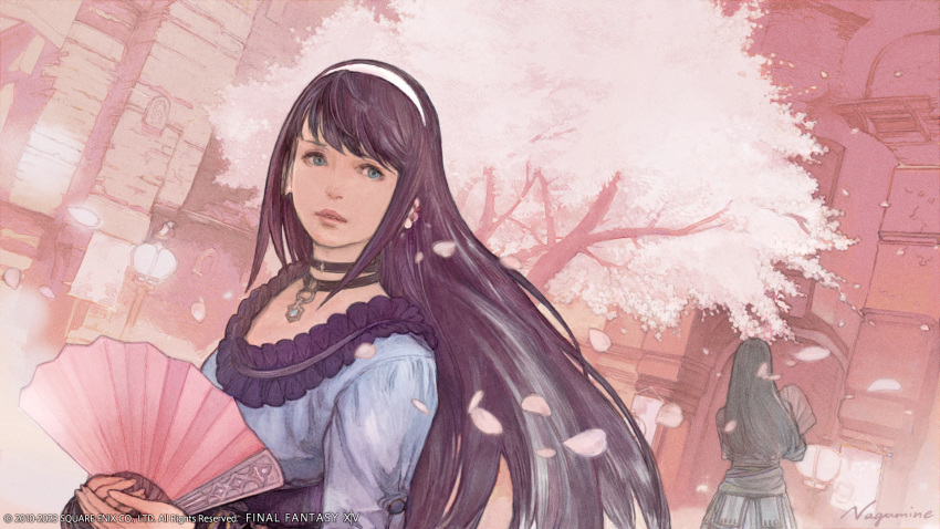 2girls aldiytha_thorne black_hair blue_dress blue_eyes building cherry_blossoms company_name copyright copyright_name day dress dutch_angle expressionless facing_away falling_petals final_fantasy final_fantasy_xiv folding_fan frilled_dress frills hairband hand_fan highres holding holding_fan hyur jewelry lamppost long_hair looking_to_the_side multiple_girls nagamine_hiroyuki necklace official_art outdoors petals purple_hair signature solo_focus standing tree upper_body white_hairband wind