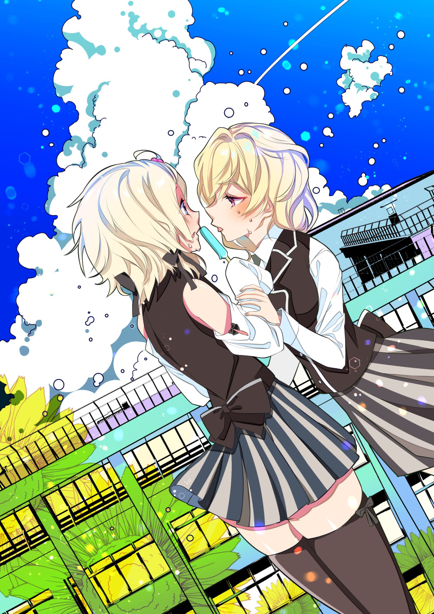 2girls absurdres assault_lily back_bow bare_shoulders black_bow black_skirt black_thighhighs black_vest blonde_hair blue_skirt blue_sky blush bow building clouds collared_shirt cowboy_shot day detached_sleeves eye_contact face-to-face floral_background food grey_skirt hair_bobbles hair_ornament hand_on_another's_arm hand_up hibino_waku highres holding holding_food kikikaikai_(kikikaikai_chan) light_particles long_sleeves looking_at_another medium_hair miniskirt multiple_girls outdoors parted_lips popsicle school school_uniform sharing_food shirt skirt sky sleeves_past_fingers sleeves_past_wrists striped striped_skirt sweat tejima_komachi thigh-highs tongue tongue_out two-tone_skirt vertical-striped_skirt vertical_stripes vest violet_eyes white_shirt yuri zettai_ryouiki