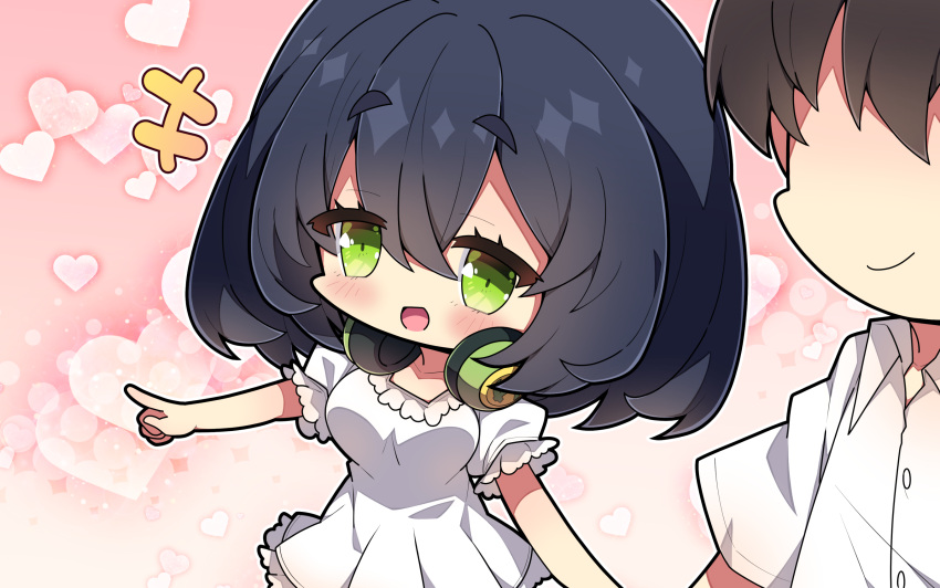 +++ 1boy 1girl :d black_hair blush breasts brown_hair chibi closed_mouth collared_shirt commentary_request dress dress_shirt faceless faceless_male green_eyes hair_between_eyes headphones headphones_around_neck heart heart_background highres kyoumachi_seika large_breasts looking_away milkpanda pointing puffy_short_sleeves puffy_sleeves shirt short_eyebrows short_sleeves smile thick_eyebrows voiceroid white_dress white_shirt