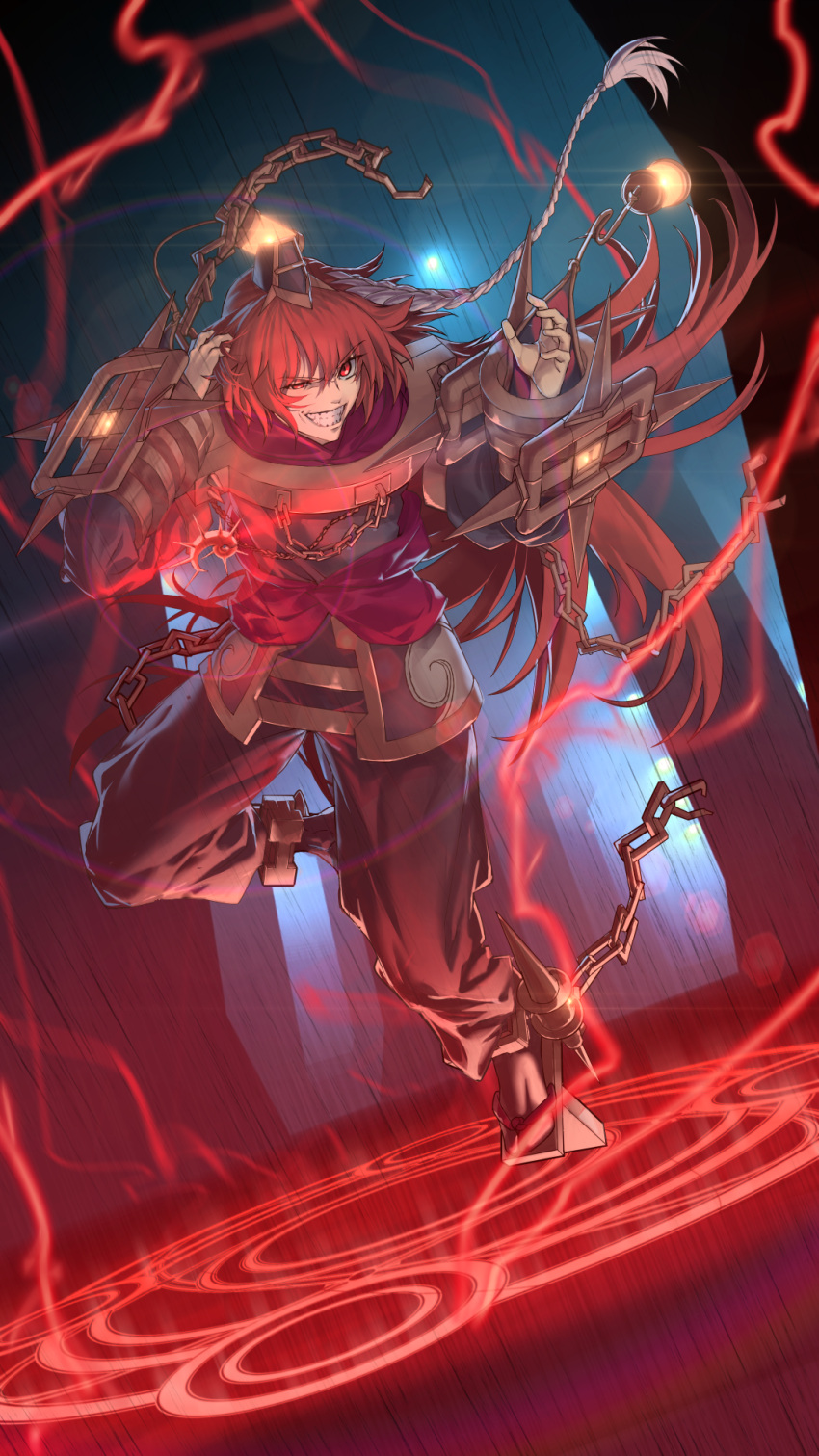 braid chain clenched_teeth collar cuffs detached_sleeves duel_monster full_body geta hands_up highres lantern long_hair long_sleeves magic_circle male_focus metal_collar mikami_may one_eye_closed pants red_eyes red_theme redhead scratching_head shackles single_braid solo standing standing_on_one_leg tabi teeth unchained_twins_-_aruha very_long_hair white_hair yu-gi-oh!