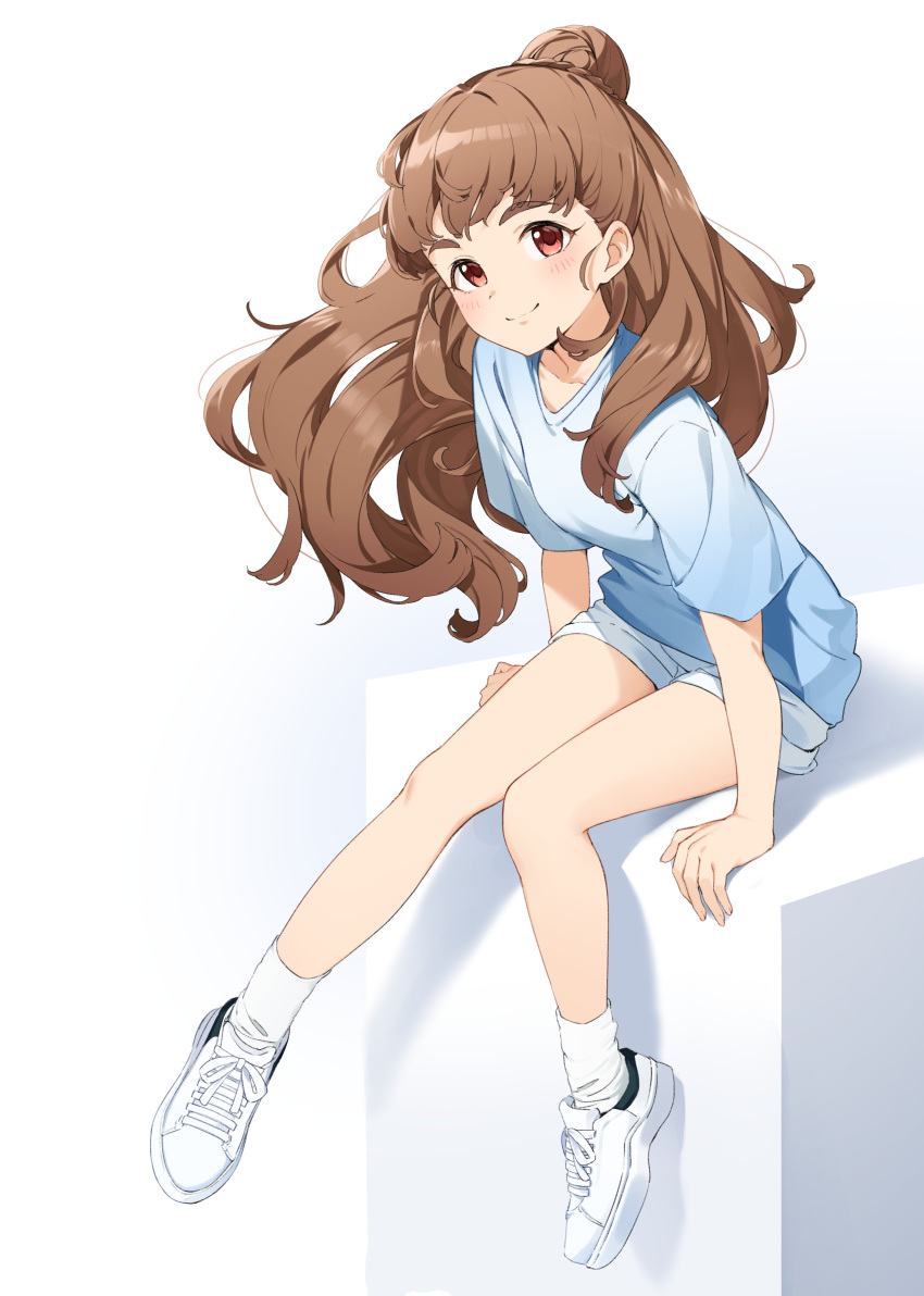 1girl absurdres arm_support blue_shirt blue_shorts blunt_bangs blush brown_hair closed_mouth collarbone hair_bun highres idolmaster idolmaster_cinderella_girls idolmaster_cinderella_girls_starlight_stage kamiya_nao leaning_forward long_hair looking_at_viewer nyum red_eyes shirt shoes short_sleeves shorts simple_background single_hair_bun sitting sitting_on_object smile sneakers socks solo thick_eyebrows white_background white_socks