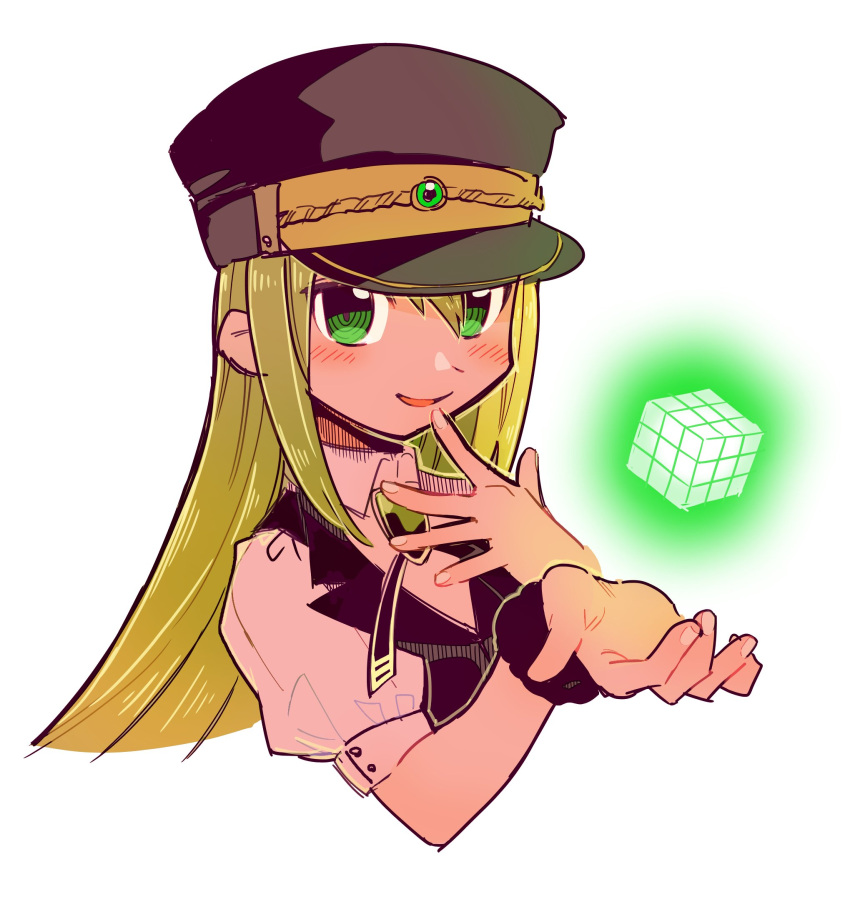 1girl alina_gray black_headwear black_necktie black_vest blonde_hair blush brooch collar cross_tie cube detached_collar fur_cuffs gem green_eyes green_gemstone green_hair hair_between_eyes hand_to_own_mouth hat highres jewelry long_hair looking_at_viewer magia_record:_mahou_shoujo_madoka_magica_gaiden magical_girl mahou_shoujo_madoka_magica mochiaisu_(otitaaisu) multicolored_hair necktie open_mouth peaked_cap puffy_short_sleeves puffy_sleeves see-through see-through_sleeves short_sleeves sidelocks simple_background sleeve_cuffs smile solo straight_hair streaked_hair upper_body v-neck vest white_background white_collar white_sleeves