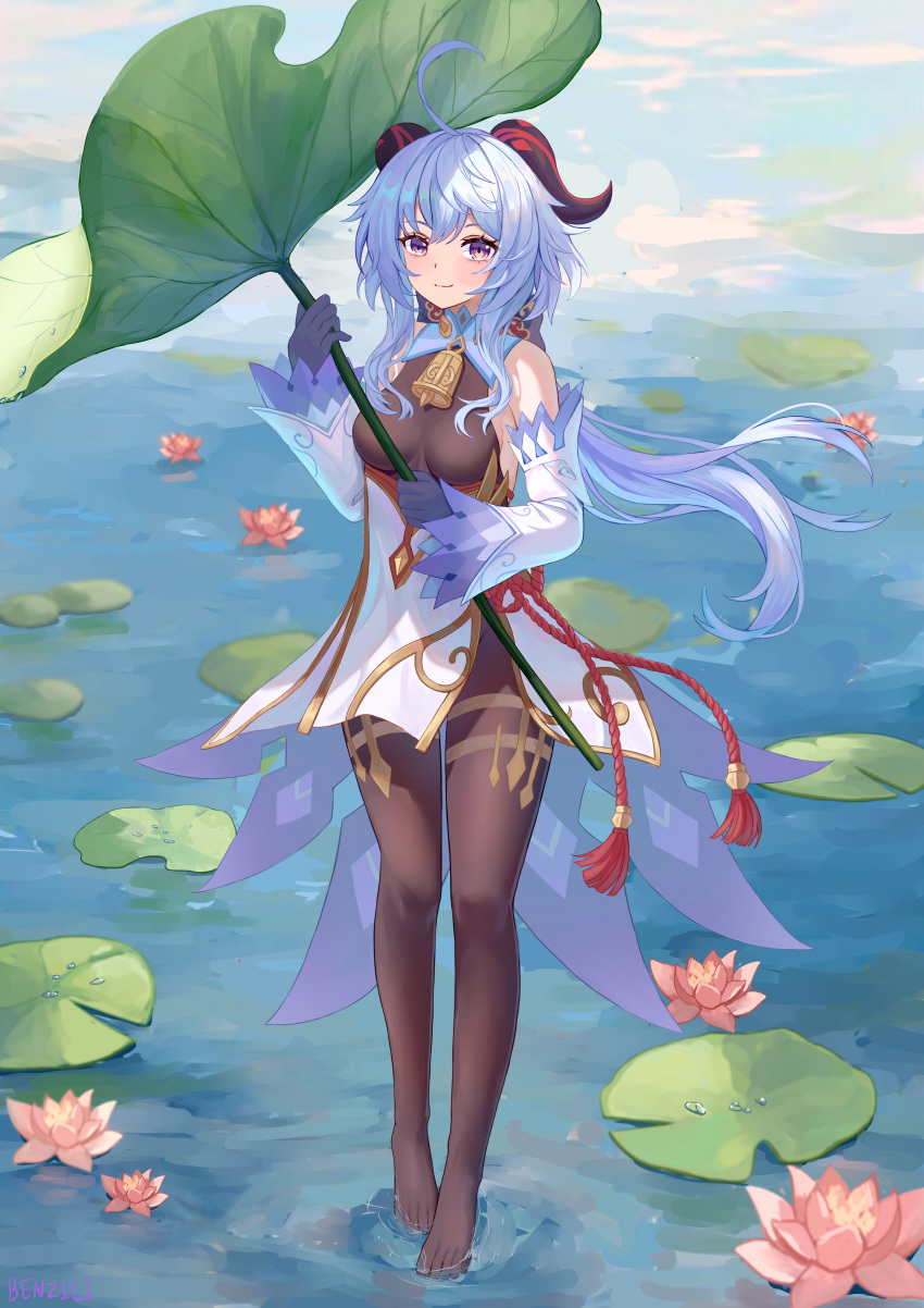 1girl absurdres ahoge bare_shoulders bell benzi_li black_pantyhose blue_gloves blue_hair blush breasts chinese_knot detached_sleeves flower flower_knot full_body ganyu_(genshin_impact) genshin_impact gloves gold_trim highres horns light_smile lily_pad long_hair looking_at_viewer lotus low_ponytail medium_breasts neck_bell no_shoes outdoors pantyhose sidelocks solo standing tassel thighlet thighs violet_eyes waist_cape white_sleeves