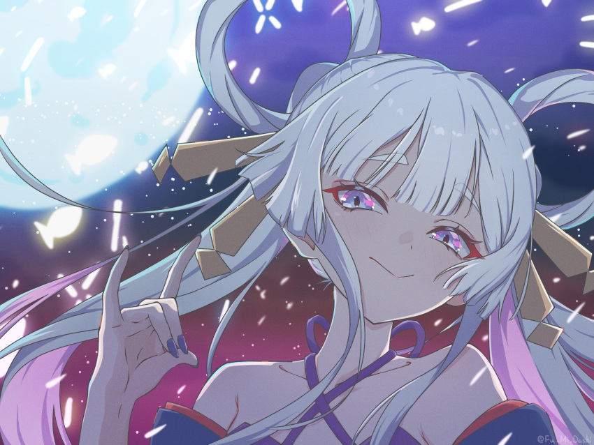1girl armpit_crease bare_shoulders blue_eyes blue_kimono cho_kaguya-hime! commentary criss-cross_halter fox_shadow_puppet full_moon gradient_sky grey_hair hair_ornament hair_rings hair_stick halterneck highres japanese_clothes kimono long_hair looking_at_viewer moon night off_shoulder portrait purple_nails purple_sky runami_yachiyo satsukino_fumi sidelocks sky solo thick_eyebrows twintails very_long_hair
