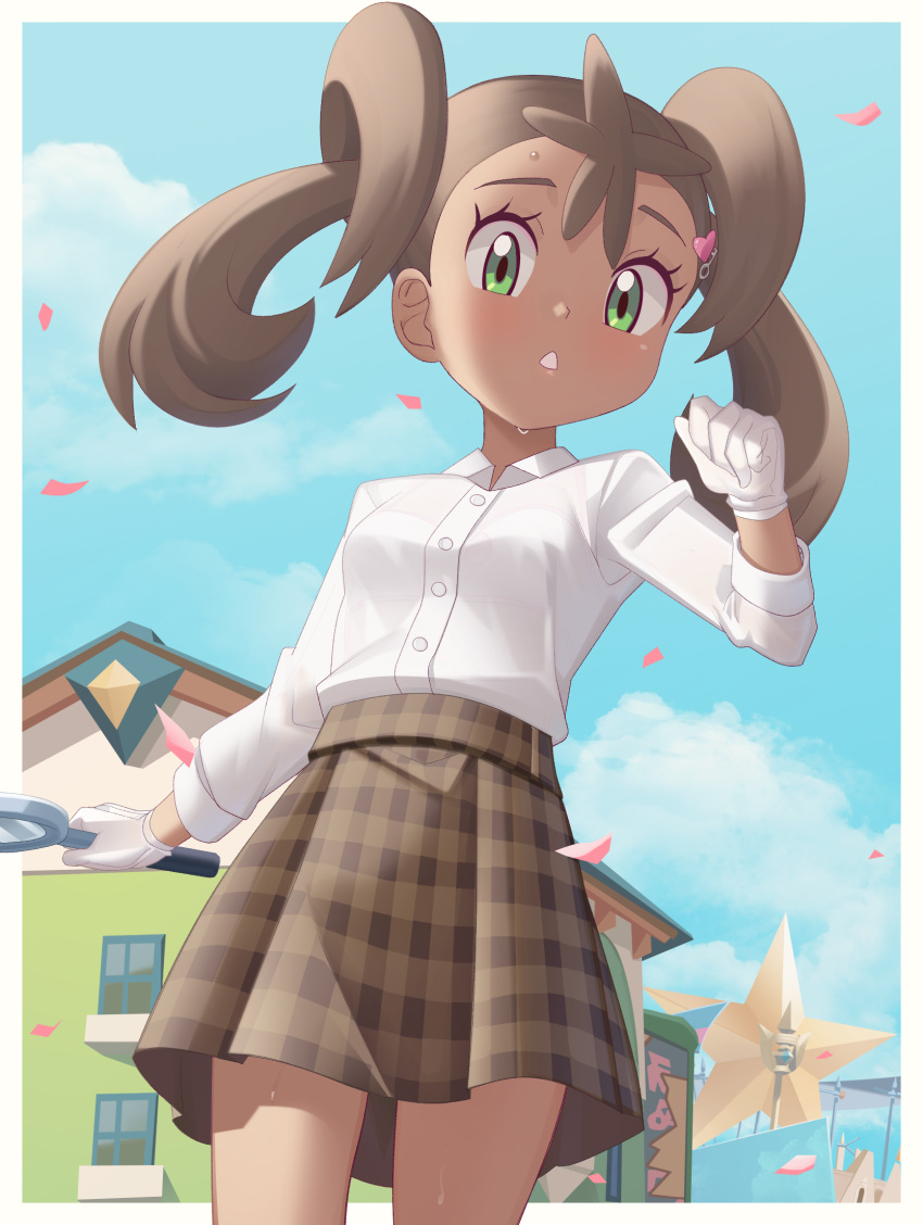 1girl aircraft border brown_hair brown_skirt building buttons clouds collared_shirt commentary_request confetti day dirigible eyelashes gazing_eye gloves green_eyes hair_ornament hand_up heart heart_hair_ornament highres holding holding_magnifying_glass key_hair_ornament looking_at_viewer looking_down magnifying_glass no_jacket official_alternate_costume outdoors parted_lips plaid plaid_skirt pokemon pokemon_(game) pokemon_masters_ex shauna_(pokemon) shauna_(special_costume)_(pokemon) shirt skirt sky sleeves_rolled_up solo teetth twintails white_border white_gloves white_shirt