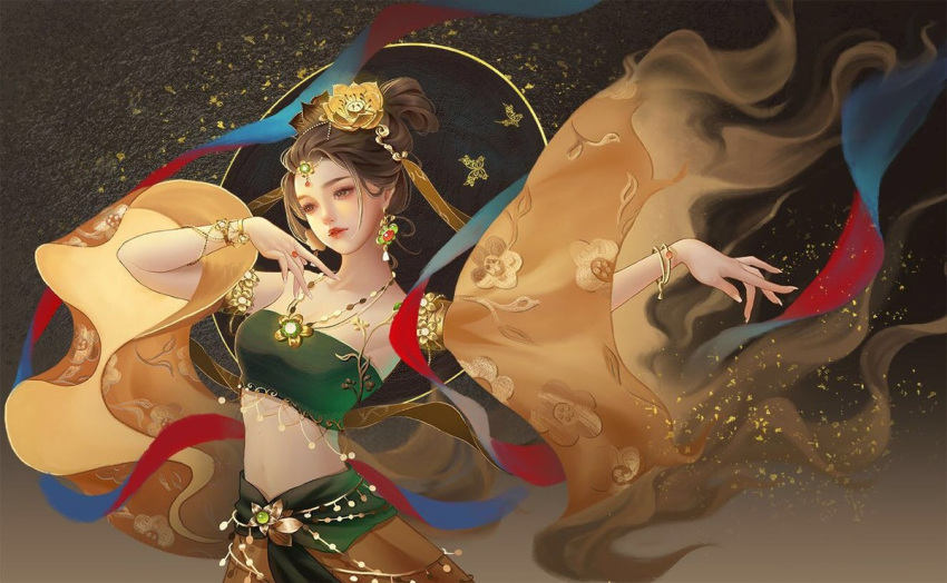 1girl bangle bare_shoulders bracelet breasts brown_hair chinese_clothes dancer detached_sleeves dunhuang_dance dunhuang_style earrings frilled_shawl frills hagoromo harem_outfit jewelry long_hair lotus_hair_ornament neck_ring original sanshi_liu_tang shawl solo stomach upper_body wide_sleeves