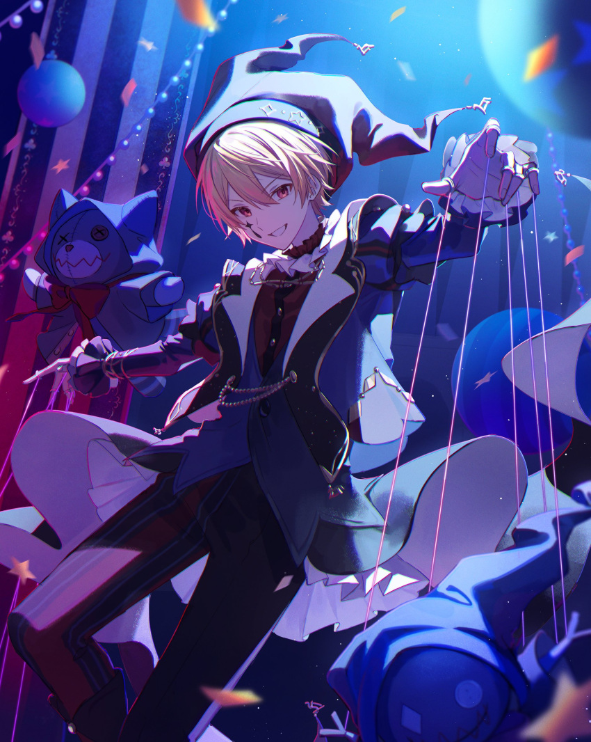 1boy 32_oogawa blonde_hair confetti cupping_hand facial_mark gradient_hair grin hat highres jester jester_cap long_sleeves looking_at_viewer male_focus marking_on_cheek multicolored_hair official_alternate_costume orange_eyes orange_hair pants project_sekai puppet_strings short_hair smile star_(symbol) star_facial_mark striped striped_pants ten_no_hate_no_phoenix_e_(project_sekai) tenma_tsukasa vertical-striped_pants vertical-striped_sleeves vertical_stripes