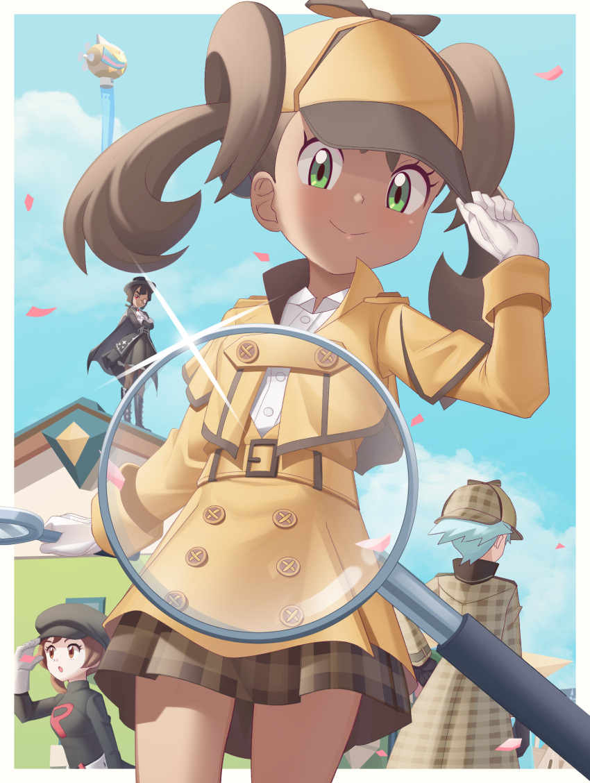 1boy 3girls aircraft belt border brown_hair brown_skirt building buttons closed_mouth clouds collared_shirt commentary_request confetti day dirigible eyelashes gazing_eye glint gloves green_eyes hand_up hat highres holding holding_magnifying_glass jacket long_sleeves looking_at_viewer looking_down lyra_(pokemon) magnifying_glass multiple_girls official_alternate_costume outdoors plaid plaid_skirt pokemon pokemon_(game) pokemon_hgss pokemon_masters_ex shauna_(pokemon) shauna_(special_costume)_(pokemon) shirt skirt sky smile steven_stone_(special_costume) team_rocket team_rocket_uniform twintails white_border white_gloves white_shirt yellow_belt yellow_headwear yellow_jacket yellow_skirt zinnia_(special_costume)_(pokemon)