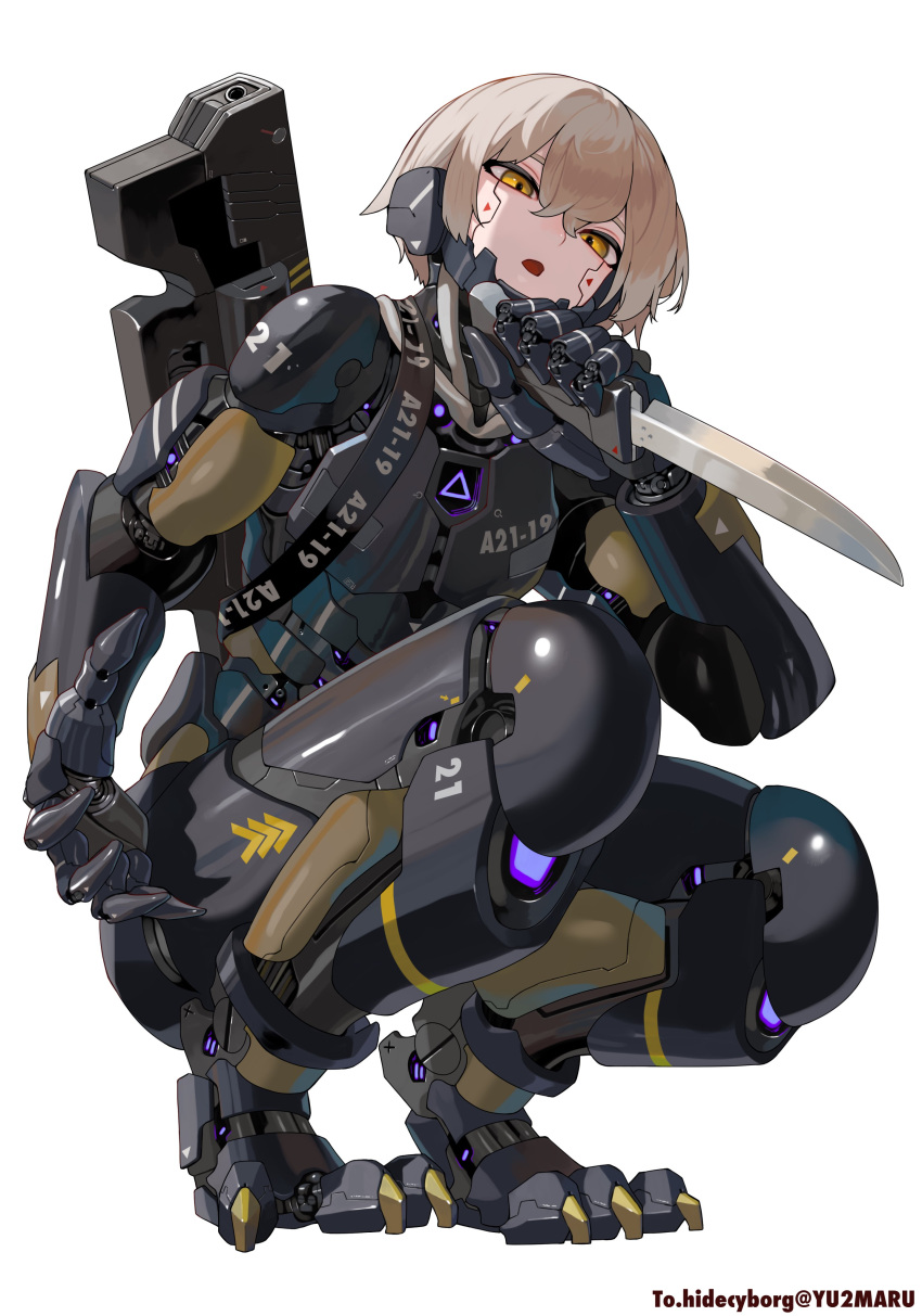 1girl absurdres armor clothes_writing cyborg english_text gun gun_on_back highres knife mecha_musume mechanical_arms mechanical_ears mechanical_parts open_mouth original science_fiction short_hair simple_background squatting weapon weapon_on_back white_background yellow_eyes yunimaru