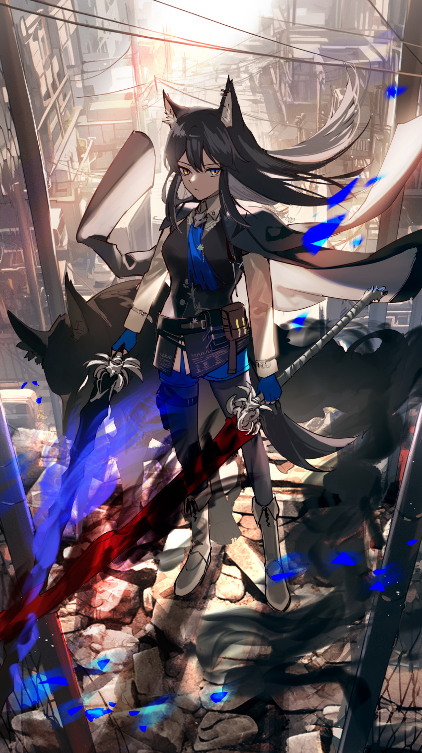 00kashian00 1girl absurdres animal_ear_fluff animal_ears arknights black_hair black_jacket black_pantyhose black_vest blue_fire blue_gloves blue_necktie blue_shorts boots closed_mouth collared_shirt dual_wielding fingerless_gloves fire flaming_sword flaming_weapon full_body gloves highres holding holding_sword holding_weapon jacket jacket_on_shoulders legwear_under_shorts long_hair necktie pantyhose shirt shorts solo sword tail texas_(arknights) texas_the_omertosa_(arknights) vest weapon white_footwear white_shirt wolf wolf_ears wolf_girl wolf_tail yellow_eyes