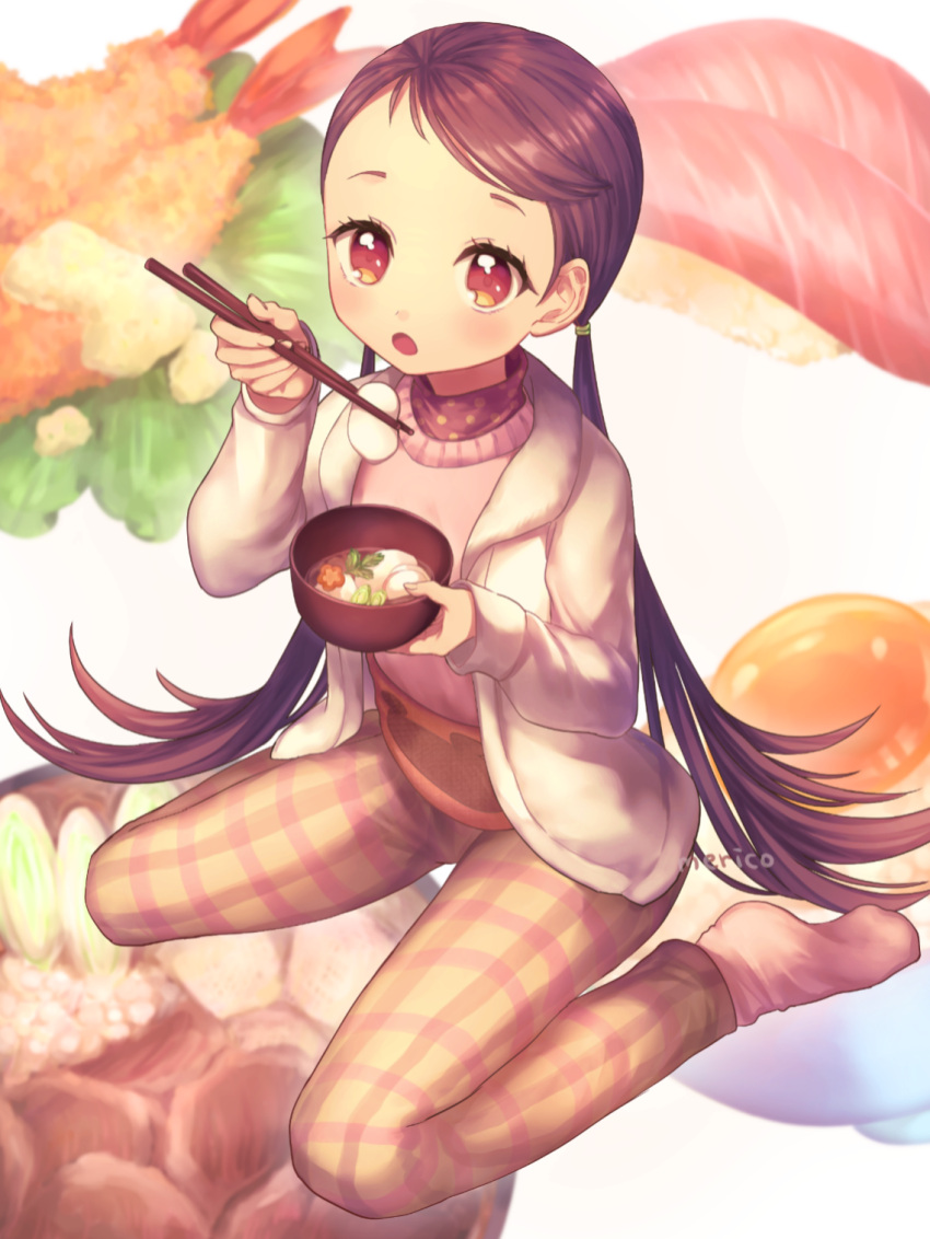 1girl black_hair blush bowl chopsticks food highres long_hair looking_at_viewer loungewear meriko_(piyoko5) nigirizushi noodles original ramen red_eyes shrimp shrimp_tempura solo sushi tempura twintails very_long_hair