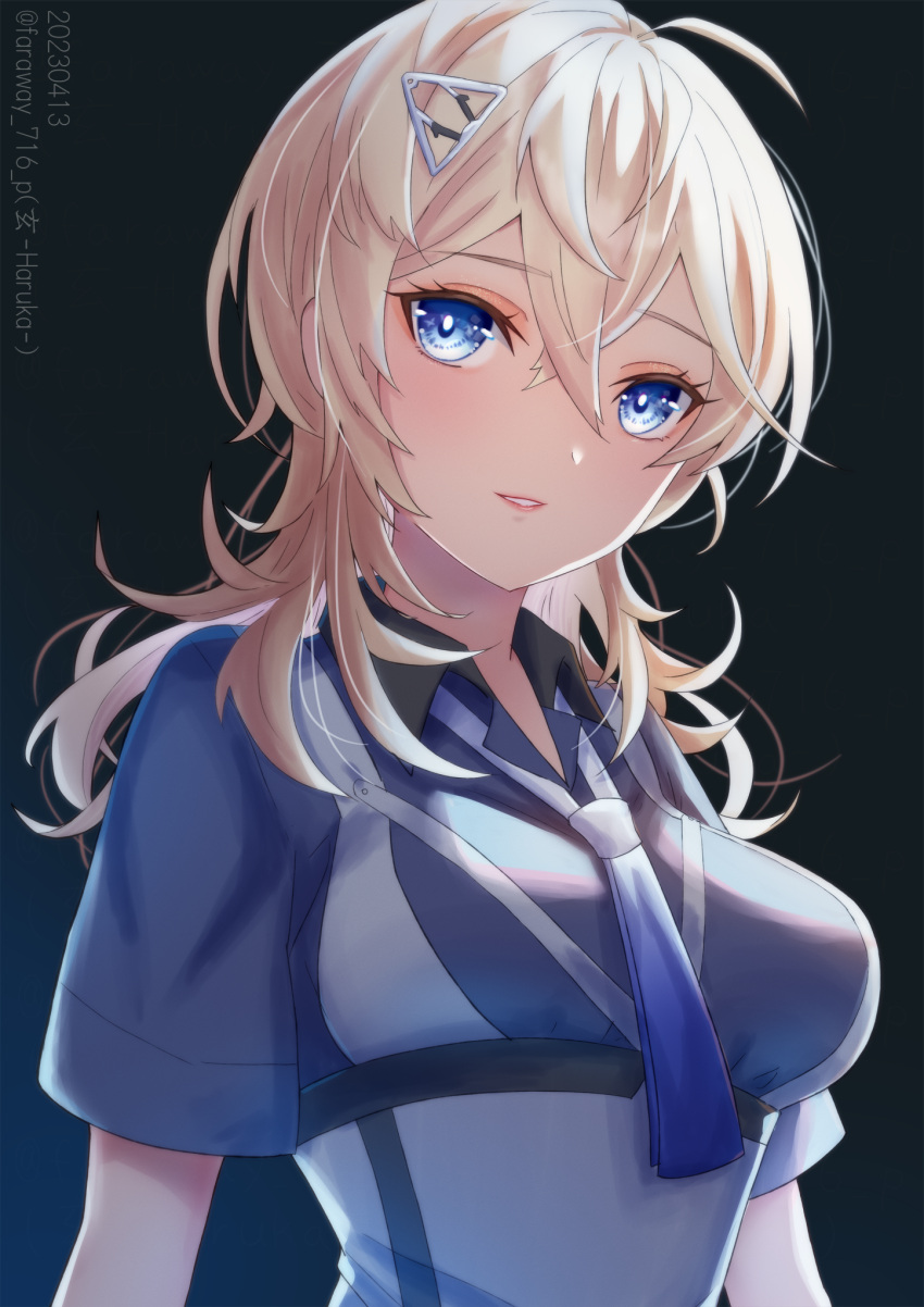 1girl ahoge artist_name blonde_hair blue_eyes blue_necktie dated hair_between_eyes hair_ornament hairclip haruka_faraway716 highres kantai_collection long_hair looking_at_viewer necktie open_mouth short_sleeves smile solo tuscaloosa_(kancolle) twitter_username two-tone_dress upper_body
