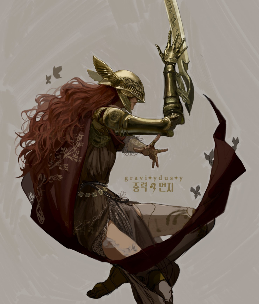 1girl amputee armor bug butterfly cape covered_eyes elden_ring gold_armor gravitydusty grey_background hand_wraps helmet helmet_over_eyes highres long_hair malenia_blade_of_miquella prosthesis prosthetic_arm prosthetic_leg red_cape redhead simple_background solo sword triple_amputee weapon winged_helmet