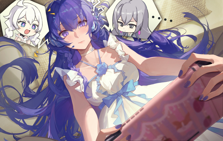 ... 3girls :d ? ?? ahoge bare_shoulders bed blue_eyes braid bronya_zaychik closed_mouth collarbone commentary_request controller dress earrings frilled_dress frills from_above game_controller grey_eyes grey_hair headphones highres holding holding_controller holding_game_controller honkai_(series) honkai_impact_3rd jewelry kiana_kaslana kuroduki_(pieat) long_hair lying multiple_girls nail_polish nintendo_switch on_back open_mouth pillow purple_hair purple_nails raiden_mei smile third-party_source twin_braids violet_eyes white_dress white_hair