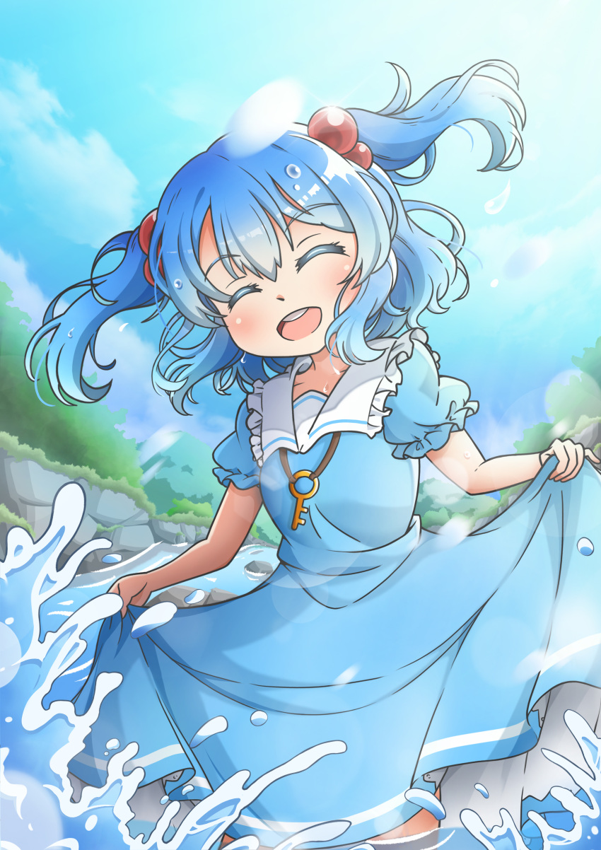 1girl absurdres blue_dress blue_sky closed_eyes clouds commentary dress facing_viewer hair_bobbles hair_ornament highres kawashiro_nitori key korean_commentary open_mouth outdoors qudtjr4682 short_hair short_sleeves sky smile solo teeth touhou two_side_up upper_teeth_only wading