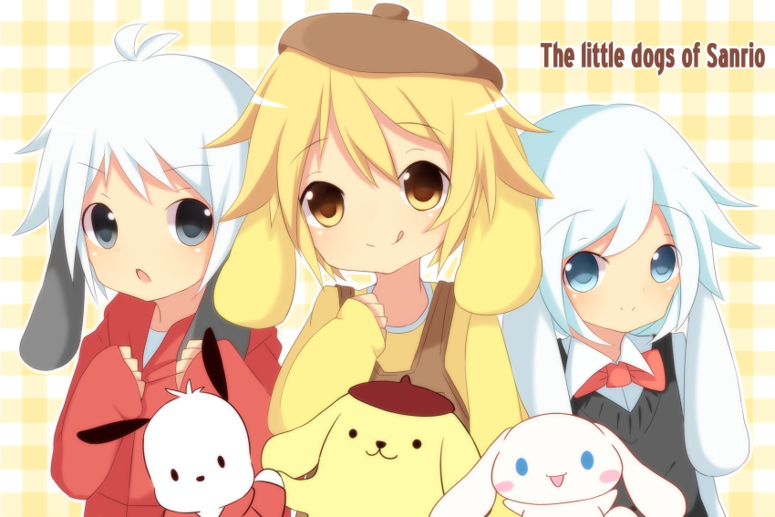 3boys animal_ears antenna_hair beret black_sweater_vest blonde_hair blue_eyes bow bowtie brown_overalls child cinnamoroll collared_shirt dog_ears droopy_ears english_text gingham_background grey_eyes hand_on_own_chest happy hat highres hood hoodie humanization long_sleeves male_child male_focus meranoreuka_(naokentak) multiple_boys open_mouth overalls patterned_background personification pochacco pompompurin red_bow red_bowtie red_hoodie sanrio shirt short_hair smile sweater_vest tongue tongue_out white_hair white_shirt yellow_background yellow_eyes yellow_shirt