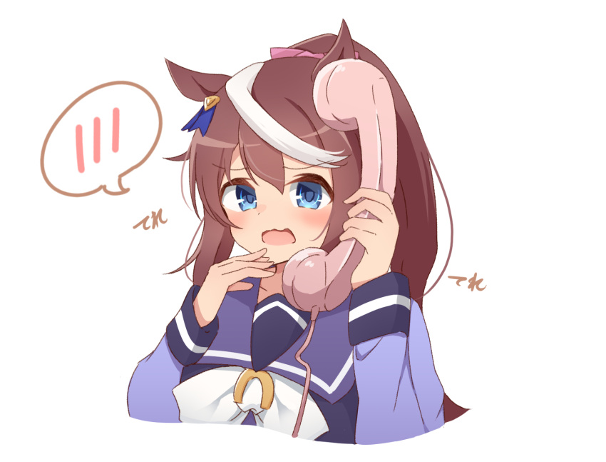 1girl animal_ears arm_up blue_eyes blush bow brown_hair commentary corded_phone cropped_torso double-parted_bangs hair_between_eyes hair_bow hand_up high_ponytail holding holding_phone horse_ears horse_girl long_sleeves looking_at_viewer multicolored_hair phone pink_bow purple_serafuku purple_shirt purple_sweater_vest school_uniform serafuku shirt sidelocks simple_background solo sound_effects spoken_blush streaked_hair sweater_vest tokai_teio_(umamusume) tsukimi_(rivia) umamusume white_background white_bow white_hair