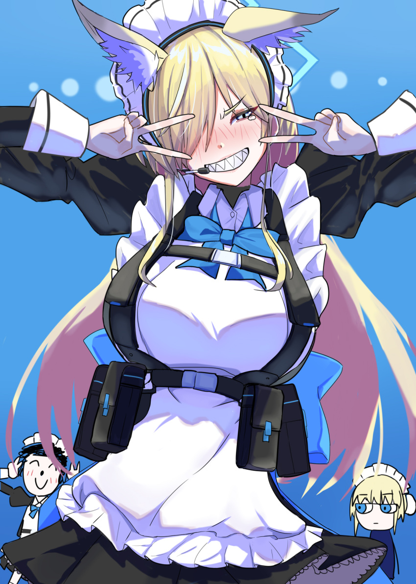 1boy 2girls :d alternate_costume animal_ear_fluff animal_ears apron arona's_sensei_doodle_(blue_archive) blonde_hair blue_archive blue_bow blue_bowtie blue_eyes blush bow bowtie bun_cover chibi chibi_inset collared_shirt commentary_request cosplay dog_ears dog_girl double_v embarrassed enmaided frilled_apron frills hair_bun hair_over_one_eye halo headset highres kanna_(blue_archive) long_hair long_sleeves looking_at_another looking_at_viewer maid maid_apron maid_headdress meetnox multiple_girls sensei_(blue_archive) sharp_teeth shirt shoulder_strap sidelocks simple_background single_hair_bun smile tearing_up teeth toki_(blue_archive) toki_(blue_archive)_(cosplay) turtleneck v white_apron
