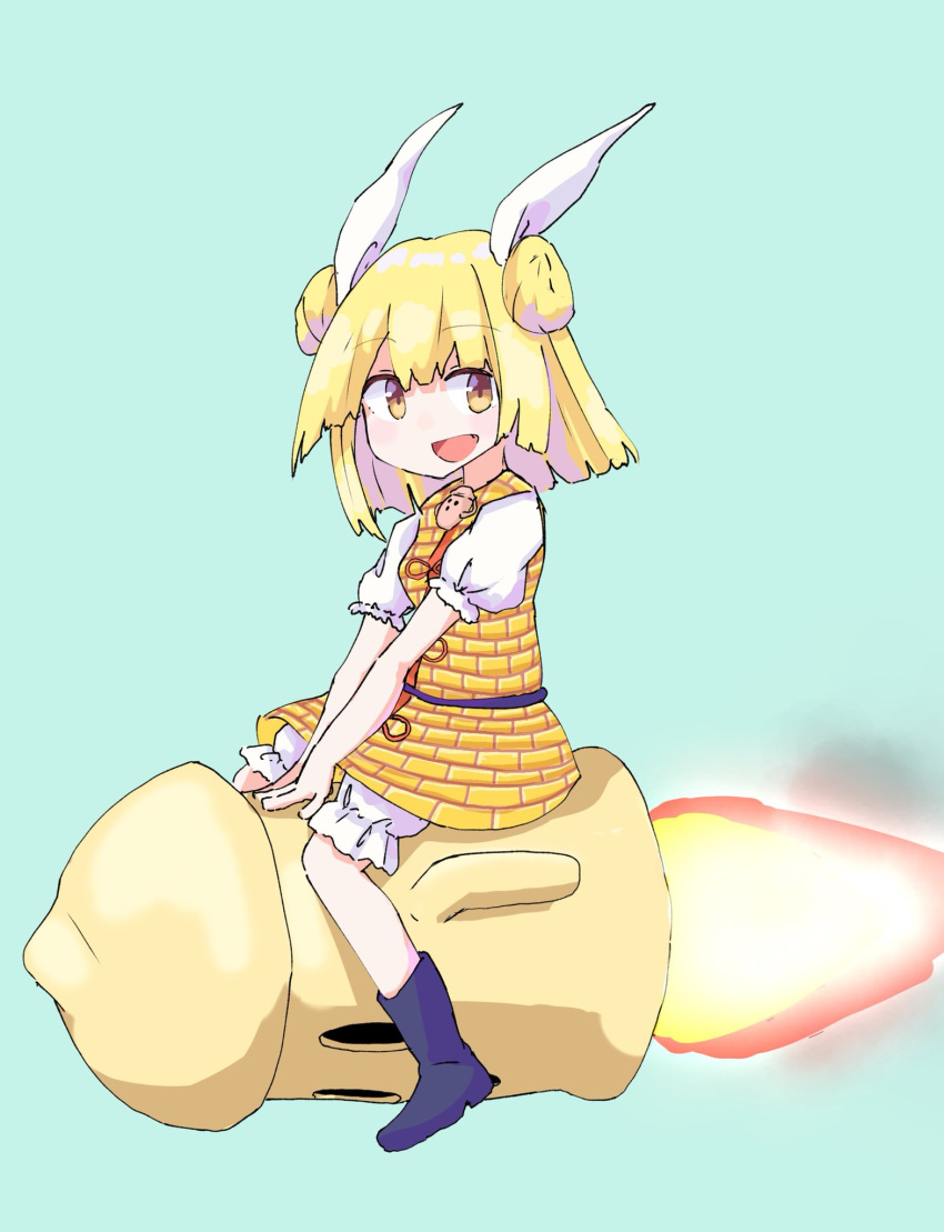 1girl :d armor armored_dress black_footwear blonde_hair blue_background commentary_request double_bun dress fang fire full_body hair_bun hair_ribbon haniwa_(statue) highres joutouguu_mayumi kalmia495 looking_at_viewer open_mouth ribbon riding_rocket short_hair short_sleeves simple_background sitting smile solo touhou white_ribbon yellow_dress yellow_eyes