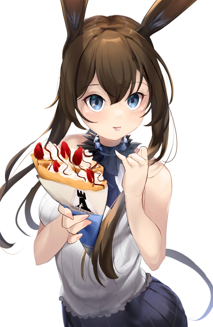 1girl absurdres amiya_(arknights) animal_ears arknights bare_shoulders blue_eyes brown_hair chocolate_syrup crepe food fruit hands_up highres long_hair looking_at_viewer rabbit_ears rabbit_girl shirt simple_background sleeveless sleeveless_shirt solo somray strawberry tongue tongue_out upper_body whipped_cream white_background white_shirt