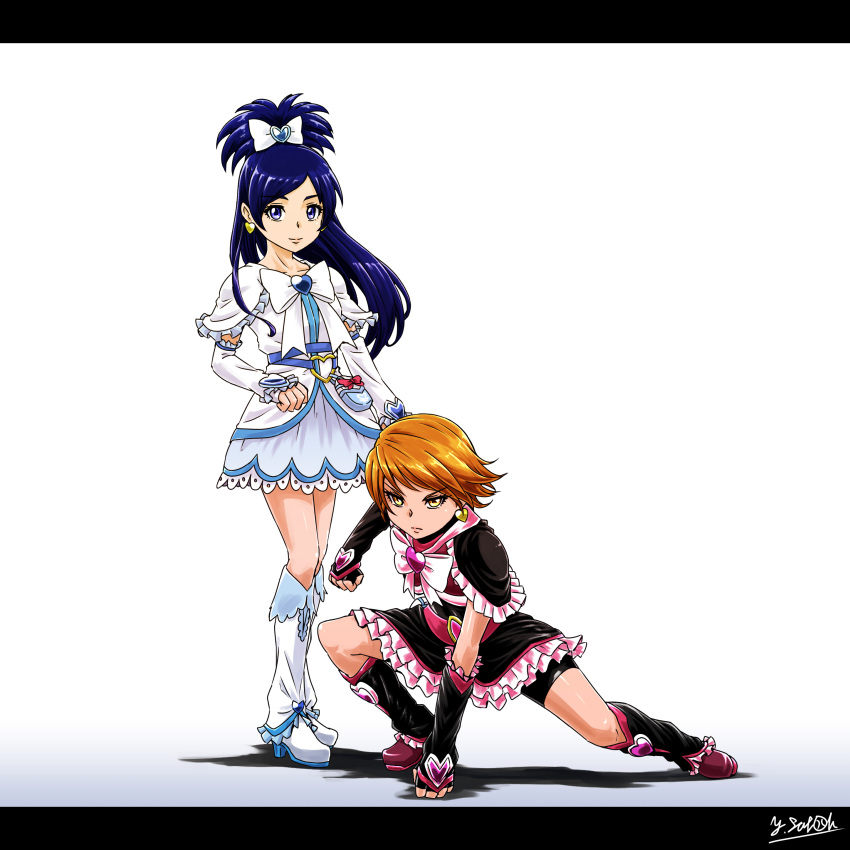 2girls absurdres arm_support artist_name black_footwear black_gloves black_shirt black_skirt blue_hair boots bow brooch brown_eyes brown_hair closed_mouth commentary cure_black cure_white dress earrings fingerless_gloves frilled_skirt frills frown futari_wa_precure futari_wa_precure_max_heart gloves half_updo heart heart_brooch heart_earrings highres jewelry letterboxed long_hair looking_at_viewer magical_girl miniskirt misumi_nagisa multiple_girls precure satou_yasu shadow shirt short_dress short_hair signature skirt smile squatting standing swept_bangs white_bow white_dress white_footwear yellow_eyes yukishiro_honoka