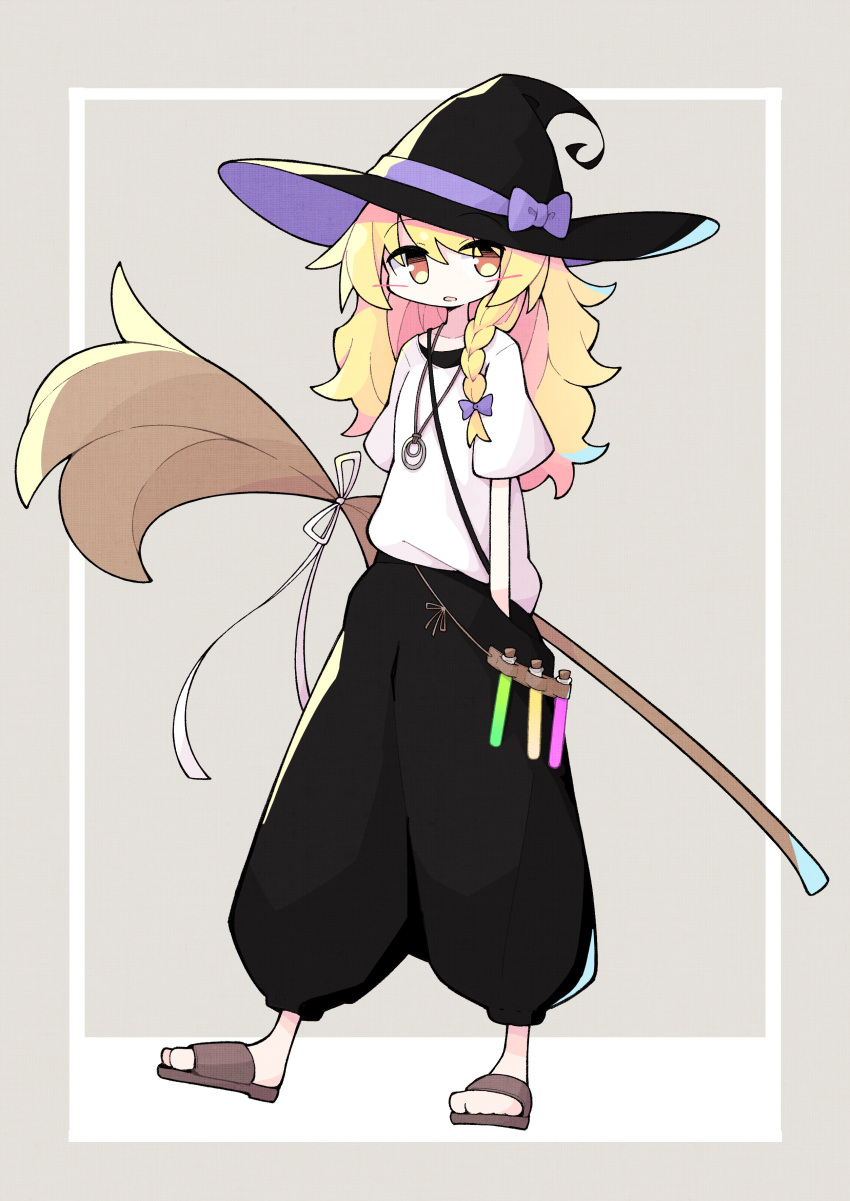 1girl absurdres alternate_costume asameshi baggy_pants black_headwear black_pants blonde_hair bow broom brown_footwear commentary_request corked_bottle full_body hair_bow hands_in_pockets hat hat_bow highres jewelry kirisame_marisa long_hair looking_at_viewer open_mouth orange_eyes pants pendant purple_bow sandals shirt short_sleeves solo t-shirt test_tube touhou undershirt white_shirt witch_hat