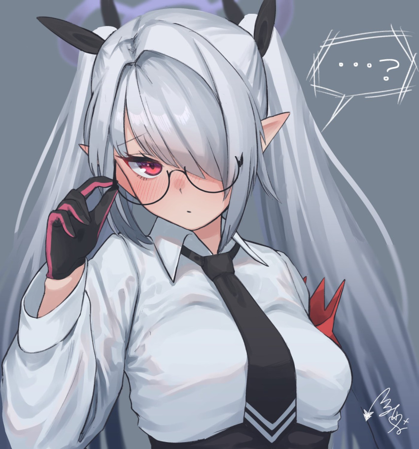 ...? 1girl armband bespectacled black_gloves black_necktie black_ribbon blue_archive blush breasts closed_mouth collared_shirt glasses gloves grey_background grey_hair hair_between_eyes hair_over_one_eye hair_ribbon halo highres iori_(blue_archive) long_hair long_sleeves looking_at_viewer medium_breasts necktie pointy_ears red_eyes ribbon round_eyewear shirt sidelocks simple_background solo tsurumi_kazane twintails upper_body