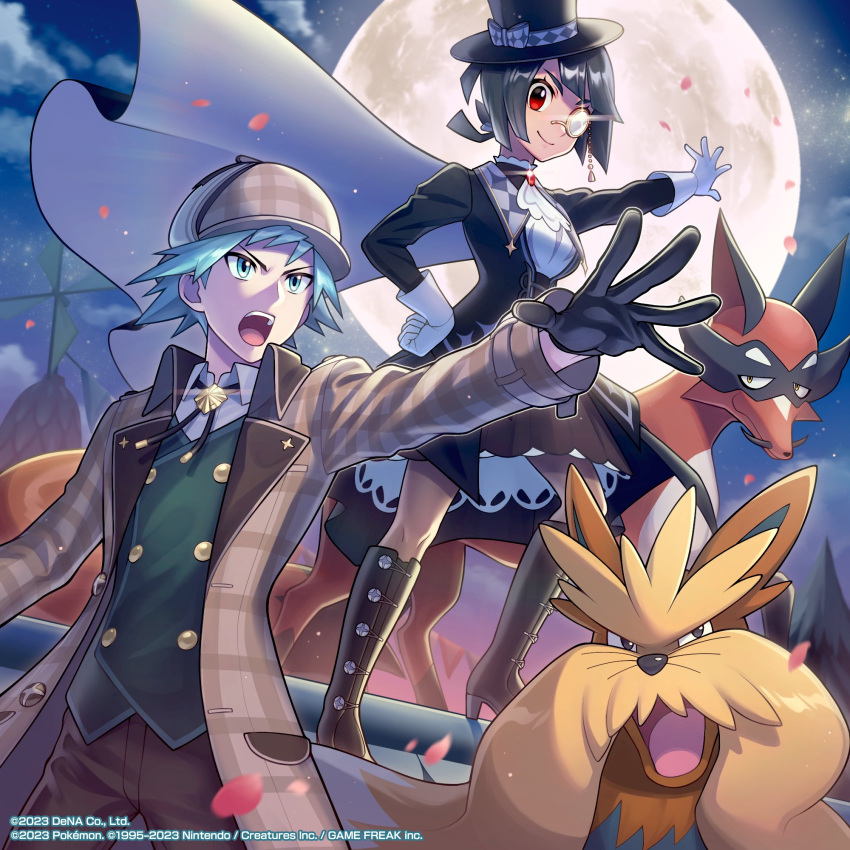 1boy 1girl ascot black_gloves black_hair black_headwear boots brown_pants buttons closed_mouth clouds coat collared_shirt commentary english_commentary gloves green_vest hat highres knee_boots knees monocle moon night official_alternate_costume official_art open_clothes open_coat outdoors outstretched_arm pants pokemon pokemon_(creature) pokemon_(game) pokemon_masters_ex red_eyes second-party_source shirt short_hair sky smile spread_fingers standing steven_stone steven_stone_(special_costume) stoutland takahashi_jun_(tkjun_m) thievul top_hat vest watermark white_ascot white_gloves zinnia_(pokemon) zinnia_(special_costume)_(pokemon)