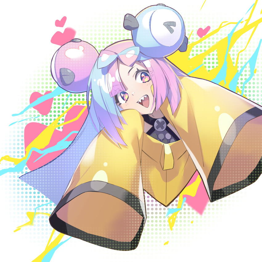 1girl :d absurdres aqua_hair bright_pupils character_hair_ornament commentary controlline3 eyelashes grey_shirt hair_ornament hands_up heart highres iono_(pokemon) jacket long_hair open_mouth pink_eyes pink_hair pokemon pokemon_(game) pokemon_sv shirt sleeves_past_fingers sleeves_past_wrists smile solo symbol-only_commentary teeth tongue upper_teeth_only x yellow_jacket