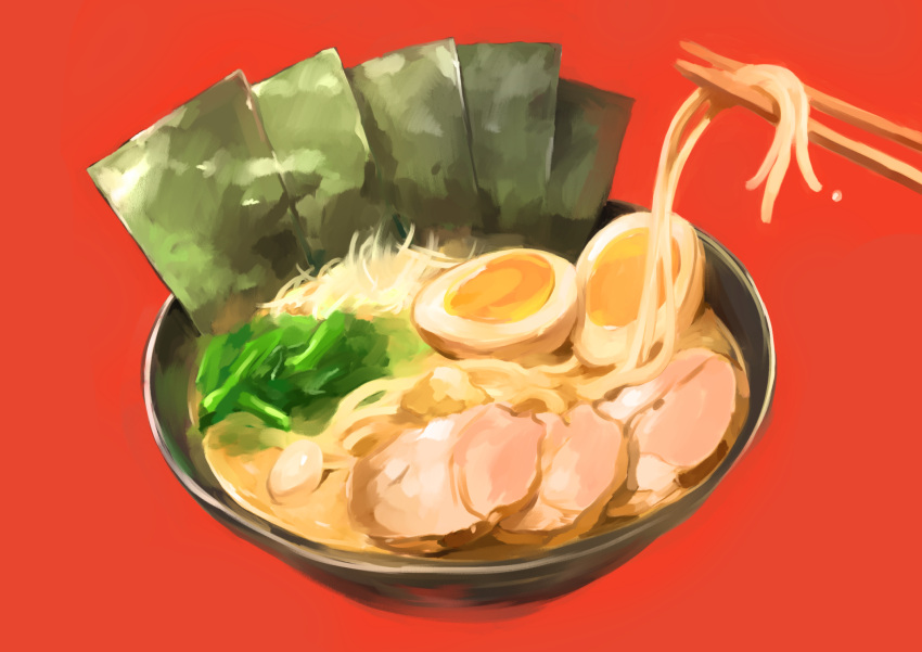 chopsticks egg_(food) food food_focus hasegawa_(morebeer) highres meat no_humans noodles nori_(seaweed) original ramen red_background simple_background still_life