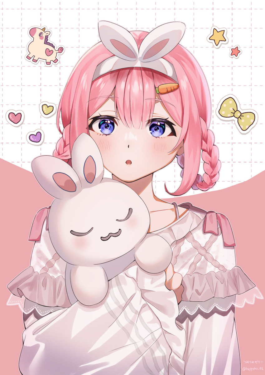 1girl :o animal_ears braid collarbone dotted_line dress fake_animal_ears hair_between_eyes hair_rings hairband heart highres looking_at_viewer nijisanji object_hug parted_lips pink_background pink_hair rabbit_ears sidelocks signature solo star_(symbol) stuffed_animal stuffed_rabbit stuffed_toy suo_sango tsumetsume_zerii twin_braids twitter_username two-tone_background upper_body violet_eyes virtual_youtuber white_background white_dress white_hairband