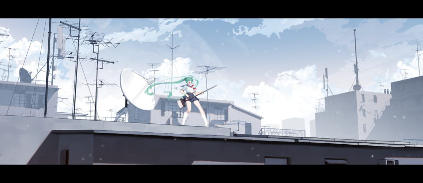1girl ahoge aqua_eyes blue_skirt broom broom_guitar building clouds faceless faceless_female floating_hair hair_over_eyes highres holding holding_broom kneehighs letterboxed long_hair neckerchief open_mouth original outdoors qianhui red_neckerchief rooftop satellite_dish shirt short_sleeves skirt smile socks solo standing twintails unconventional_guitar very_long_hair white_shirt white_socks wind