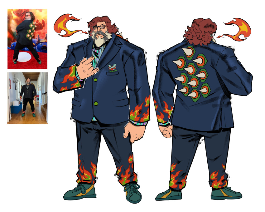 1boy \m/ absurdres beard blue_jacket blue_pants blue_shirt bowser bowser_(cosplay) breathing_fire brown_hair clenched_hand cosplay english_commentary facial_hair fire formal full_body glasses green_footwear highres jack_black jacket looking_to_the_side male_focus medium_hair multicolored_shirt multiple_views mustache pants photo-referenced photo_inset piranha_plant puma_(brand) real_life red_eyes reference_inset shirt shoes sneakers spikes suit super_mario_bros. the_super_mario_bros._movie white_background xamurai