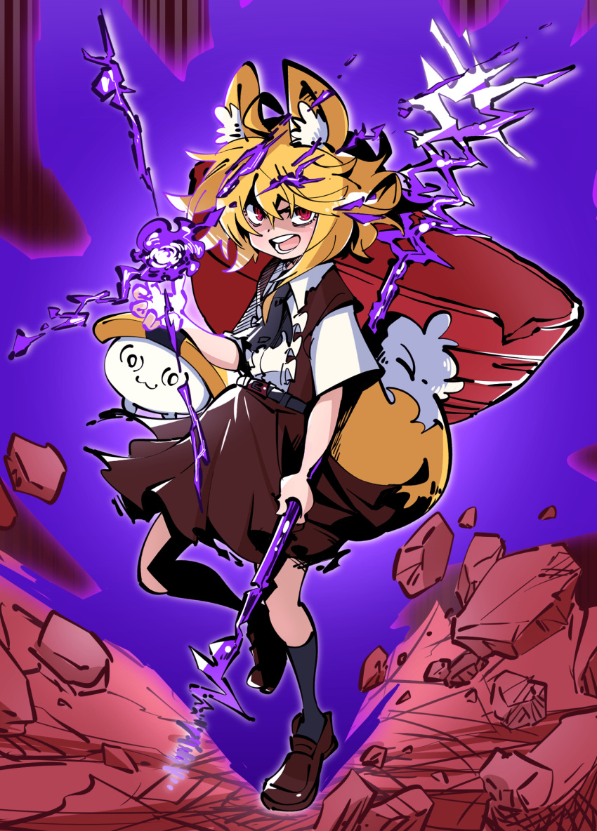 1girl animal_ears ascot asymmetrical_hair black_ascot black_socks blonde_hair bowl brown_dress brown_footwear collared_shirt commentary_request cookie_(touhou) dress flat_chest food fox_ears fox_girl fox_tail full_body gram_9 highres lightning loafers looking_at_viewer medium_hair miramikaru_riran omelet open_mouth pinafore_dress red_eyes rice_bowl shaded_face shirt shoes short_sleeves sidelocks sleeveless sleeveless_dress socks solo tail tamagoyaki white_shirt