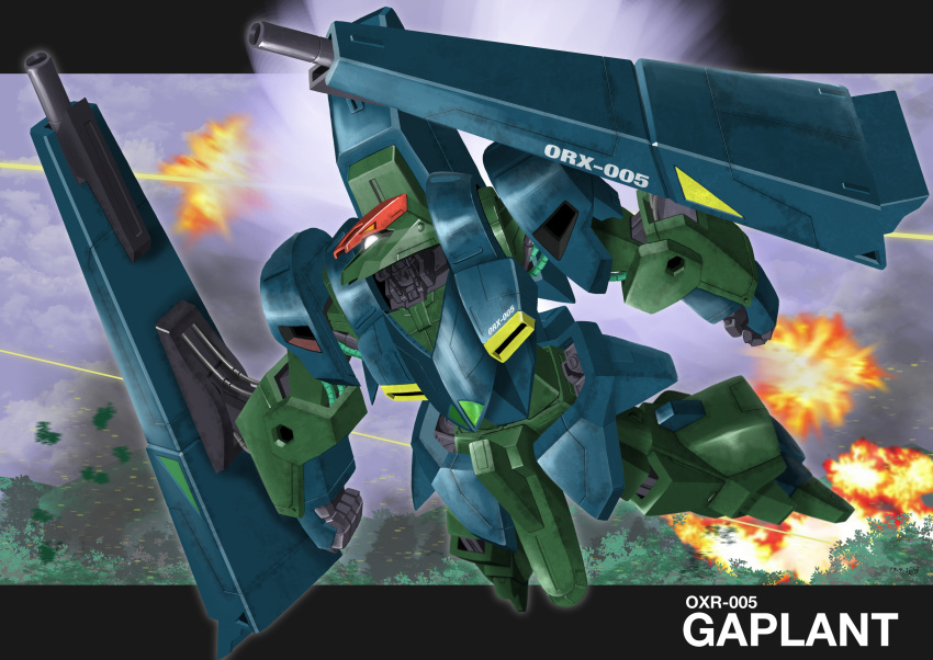 absurdres arm_cannon battle character_name explosion flying forest gaplant gundam gundam_zz highres machinery mecha mobile_suit nature no_humans one-eyed robot science_fiction shield titans_(gundam) weapon yatta070622