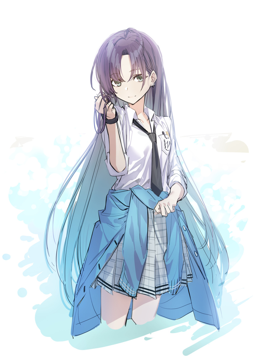 1girl absurdres alternate_hair_length alternate_hairstyle asakura_toru black_necktie blue_hair breast_pocket breasts closed_mouth clothes_around_waist collared_shirt controlline3 cropped_legs ear_piercing gradient_hair grey_eyes grey_skirt hand_up highres holding holding_hair idolmaster idolmaster_shiny_colors long_hair looking_at_viewer multicolored_hair necktie pen piercing pocket shirt skirt sleeves_rolled_up small_breasts smile solo very_long_hair violet_eyes white_shirt
