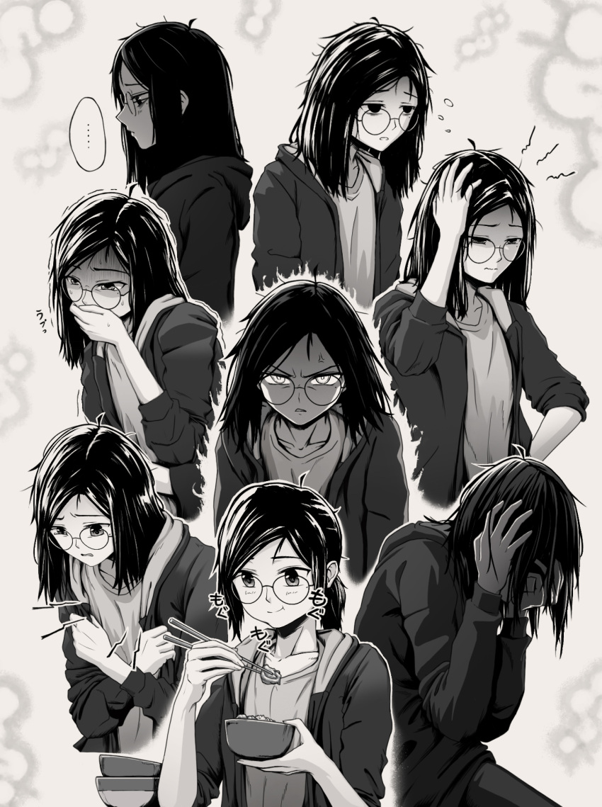 1girl anger_vein angry artist_self-insert bags_under_eyes bowl chopsticks cold commentary drawniio eating empty_eyes flying_sweatdrops food glasses greyscale headache highres hood hoodie messy_hair monochrome mood_swing nausea original ponytail shaded_face symbol-only_commentary trembling