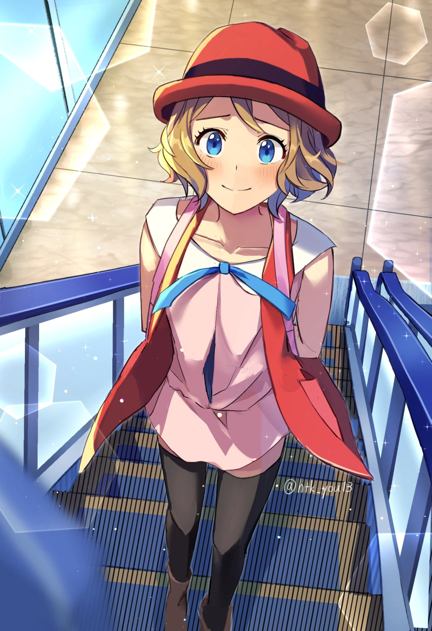 1girl arms_behind_back blonde_hair blue_eyes blue_ribbon blush boots brown_footwear closed_mouth collarbone commentary dress escalator eyelashes hat highres htk_you13 indoors looking_up neck_ribbon pink_dress pokemon pokemon_(anime) pokemon_xy_(anime) raised_eyebrows red_headwear ribbon serena_(pokemon) short_hair smile standing thigh-highs watermark