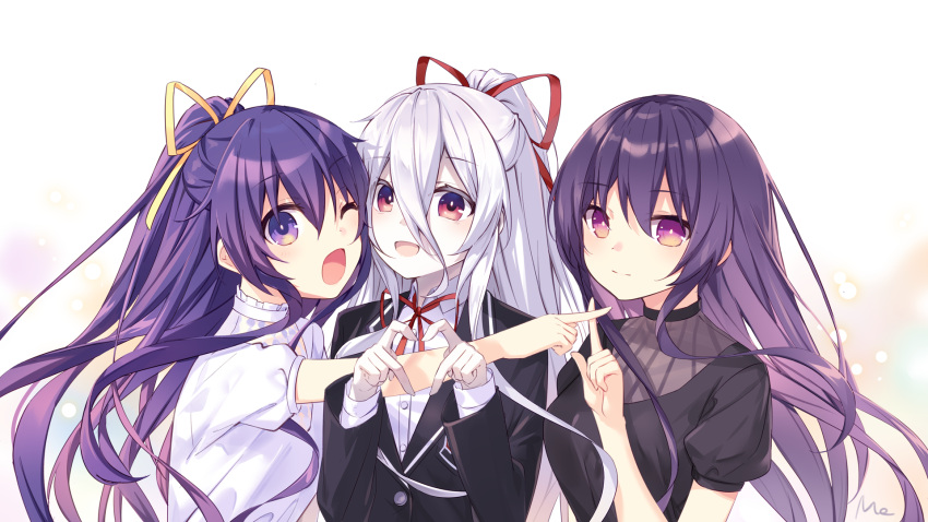 3girls :d black_jacket black_shirt blazer breasts character_request closed_mouth collared_shirt commentary_request date_a_live dress_shirt grey_hair hair_between_eyes hands_up heart heart_hands highres jacket medium_breasts mo_(pixiv9929995) multiple_girls neck_ribbon one_eye_closed outstretched_arm ponytail puffy_short_sleeves puffy_sleeves purple_hair red_eyes red_ribbon ribbon school_uniform shirt short_sleeves smile upper_body violet_eyes white_shirt yatogami_tooka