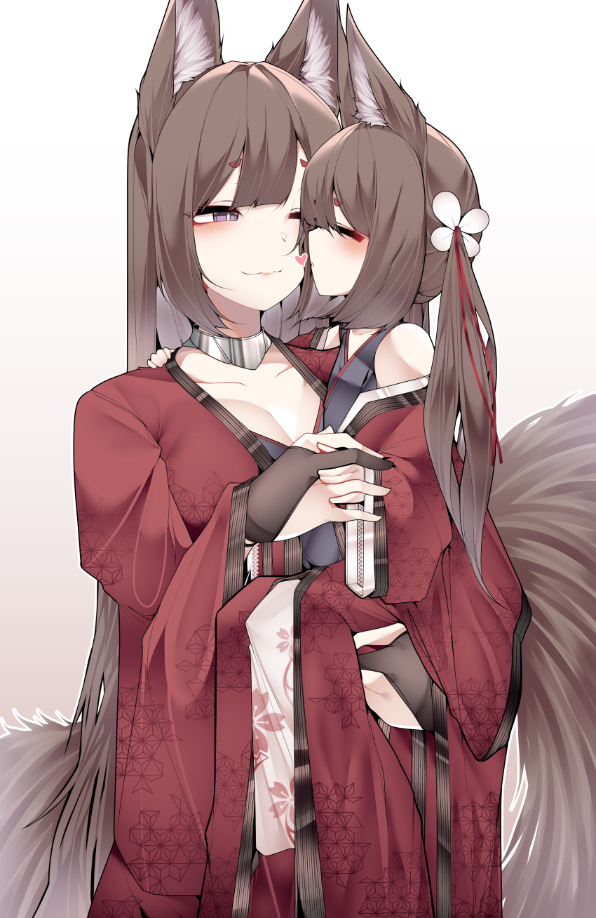 2girls absurdres amagi-chan_(azur_lane) amagi_(azur_lane) animal_ear_fluff animal_ears azur_lane blush breasts bridal_gauntlets brown_tail carrying carrying_person cherry_blossoms choker closed_eyes closed_mouth collarbone commentary dated_commentary dual_persona fox_ears gloves gradient_background hair_ornament hand_on_another's_shoulder highres holding interlocked_fingers japanese_clothes kimono kiss kissing_cheek kyuubi light_brown_background long_hair looking_at_another multiple_girls multiple_tails one_eye_closed red_kimono samip short_hair standing tail very_long_hair violet_eyes white_background