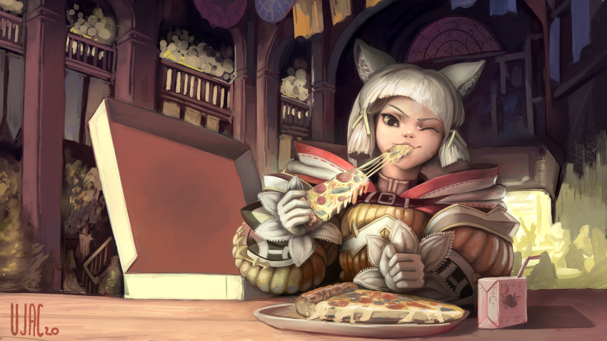 1girl animal_ears black_eyes blunt_bangs cat_ears cat_girl cheese cheese_trail eating food gloves highres holding holding_food holding_pizza juice_box nia_(xenoblade) one_eye_closed pizza pizza_box pizza_slice plate shadow signature smile solo ujac upper_body white_gloves xenoblade_chronicles_(series) xenoblade_chronicles_2