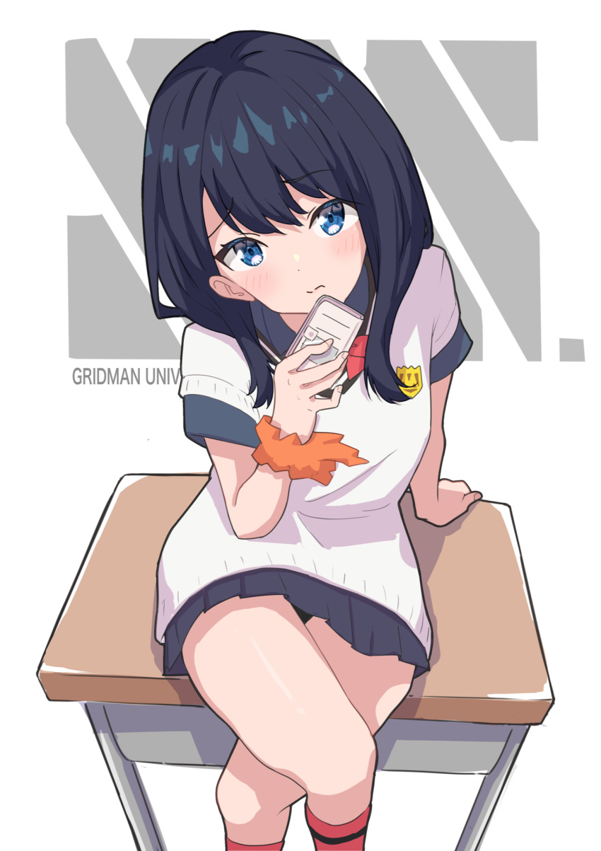 1girl black_hair blue_eyes blush bow bowtie cellphone closed_mouth crossed_legs desk from_above gridman_universe highres holding holding_phone long_hair looking_at_viewer miniskirt on_desk phone scrunchie sitting sitting_on_desk skirt solo ssss.gridman sweater_vest taachika takarada_rikka wrist_scrunchie