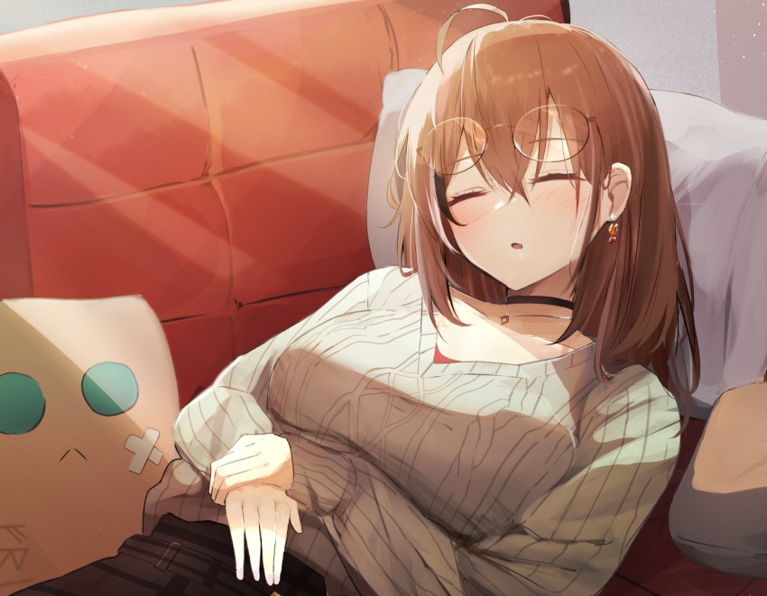 1girl ahoge belt berry black_choker brown_hair brown_skirt choker closed_eyes couch earrings food-themed_earrings friend_(nanashi_mumei) glasses hololive hololive_english jewelry light_rays long_hair multicolored_hair nanashi_mumei necklace objectification official_alternate_costume on_couch open_mouth pillow plaid plaid_skirt red_shirt round_eyewear shirt shuuzo3 skirt sleeping sleeves_past_wrists streaked_hair stuffed_toy sweater virtual_youtuber white_sweater